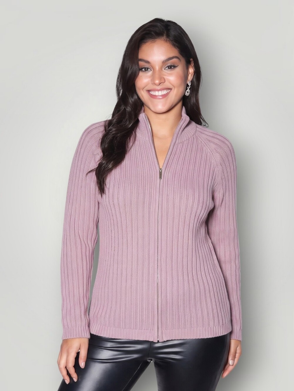 Talbots Sweater Medium Mauve Pink Ribbed Full Zip Mock Neck Cotton Rayon Chunk
